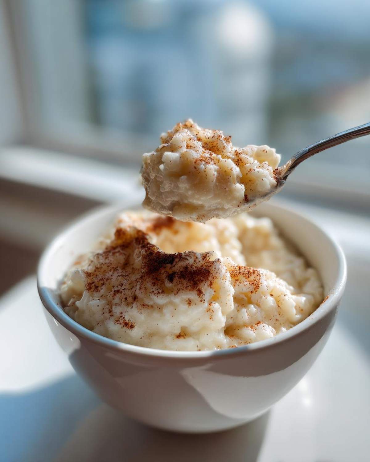 A spoonful of creamy rice pudding topped with cinnamon being lifted from a white bowl.