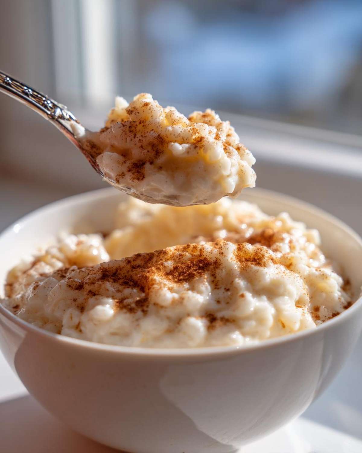 A spoonful of creamy rice pudding topped with cinnamon being lifted from a white bowl of rice pudding.