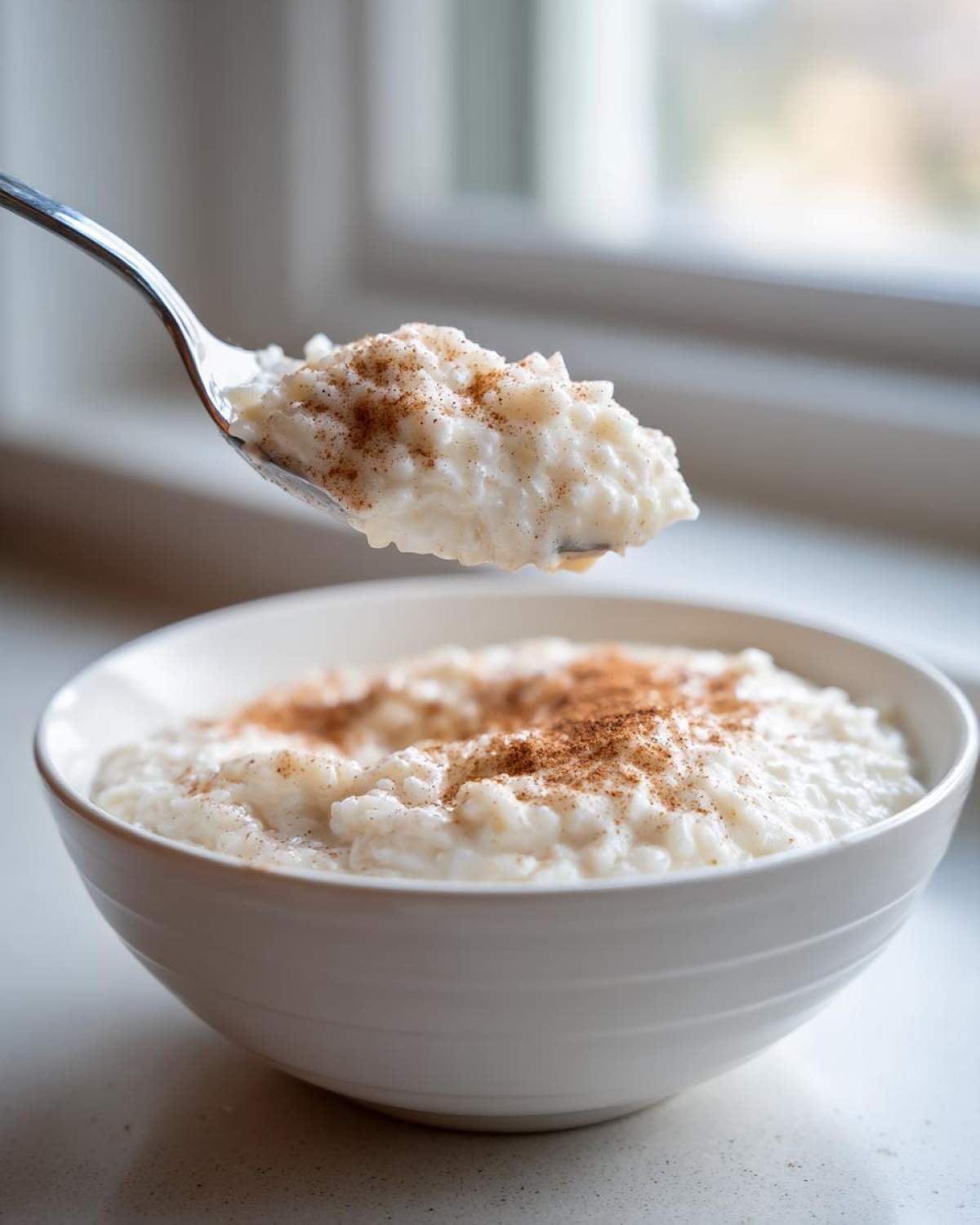 A spoonful of creamy rice pudding topped with cinnamon being lifted above a white bowl of rice pudding.