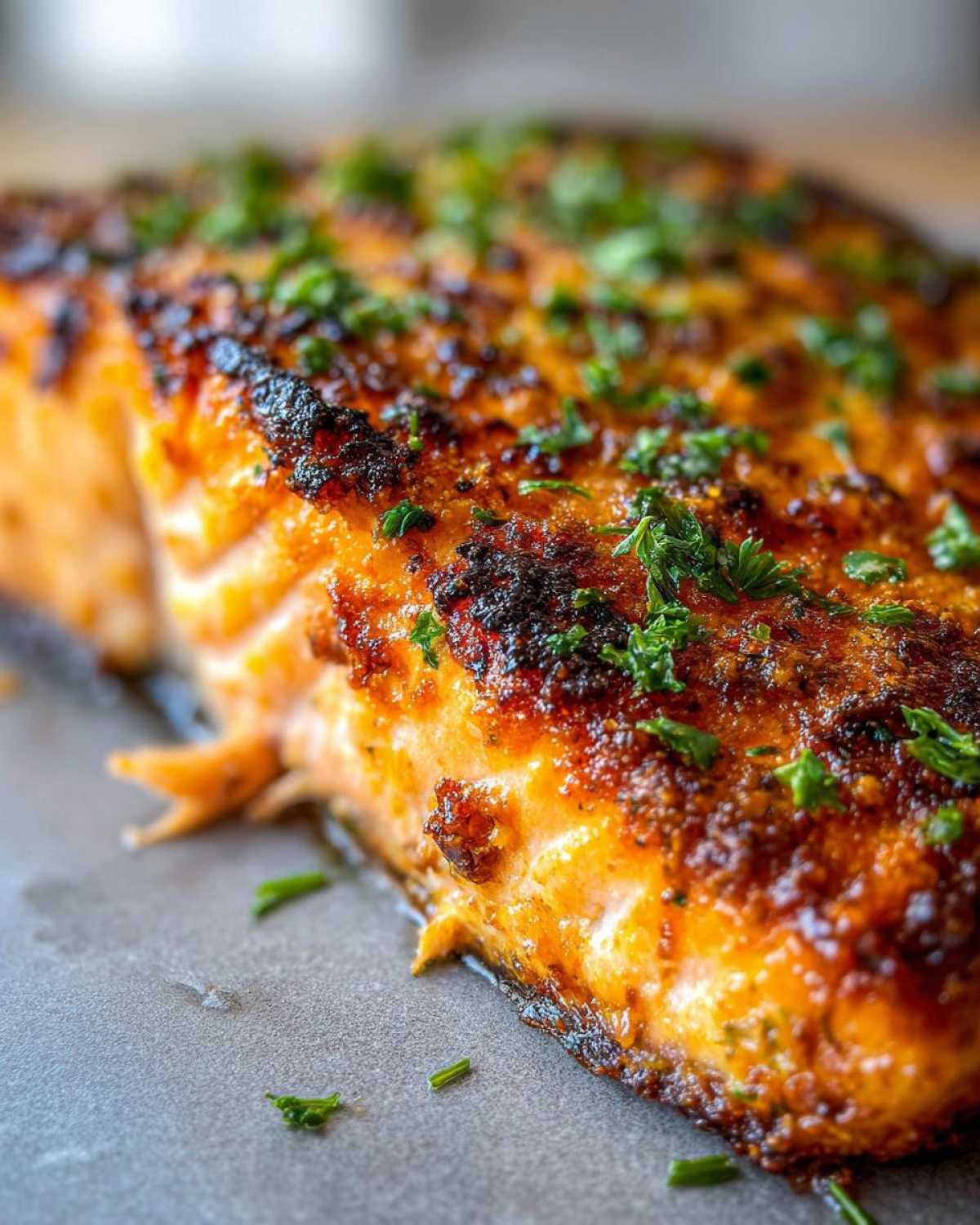Close-up of a perfectly cooked piece of air fryer salmon with a dark, crispy crust and fresh parsley garnish.