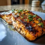 Close-up of a perfectly cooked, crispy air fryer salmon fillet seasoned with spices and topped with fresh parsley.
