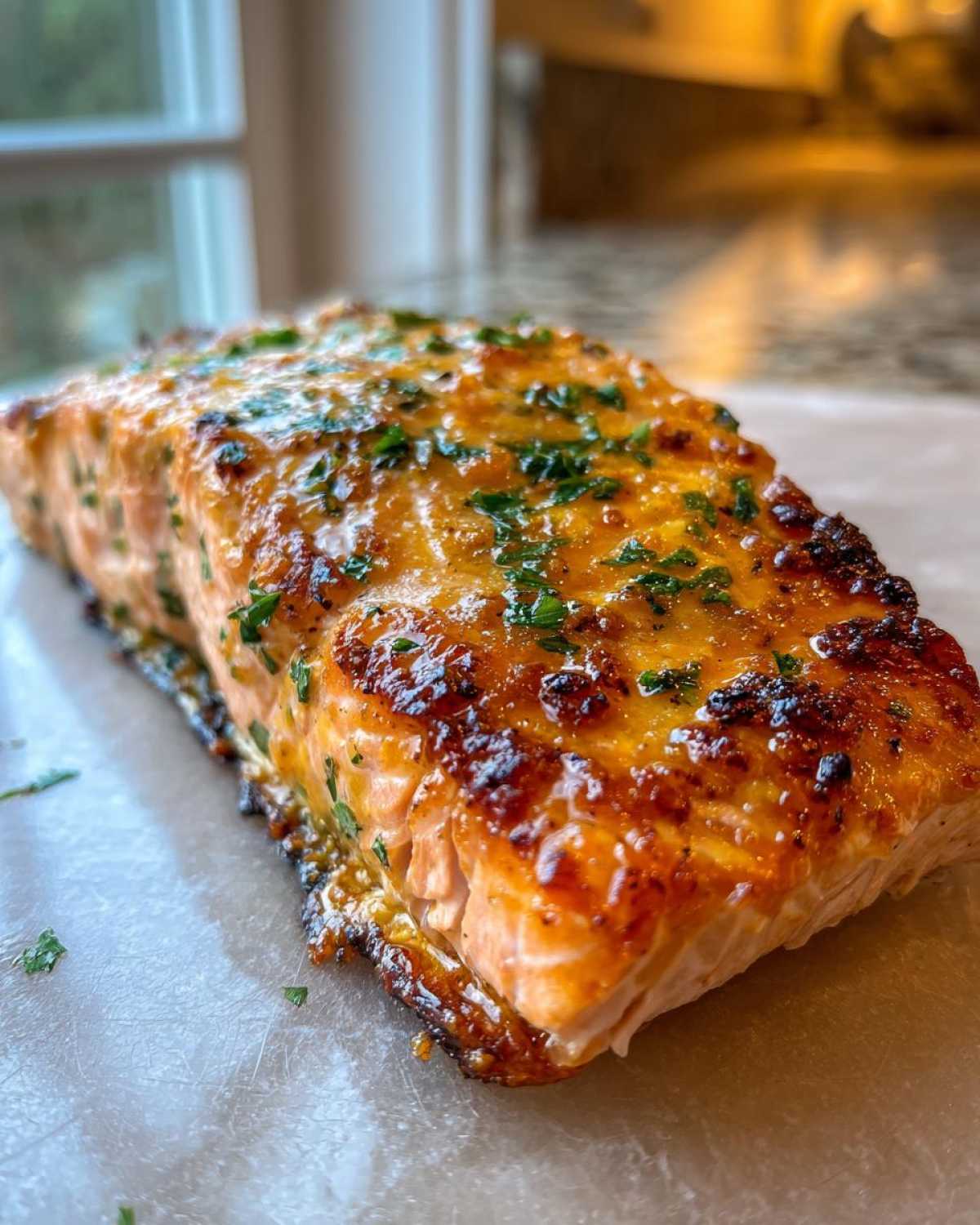 Close-up of a perfectly cooked, crispy glazed air fryer salmon fillet topped with fresh parsley.