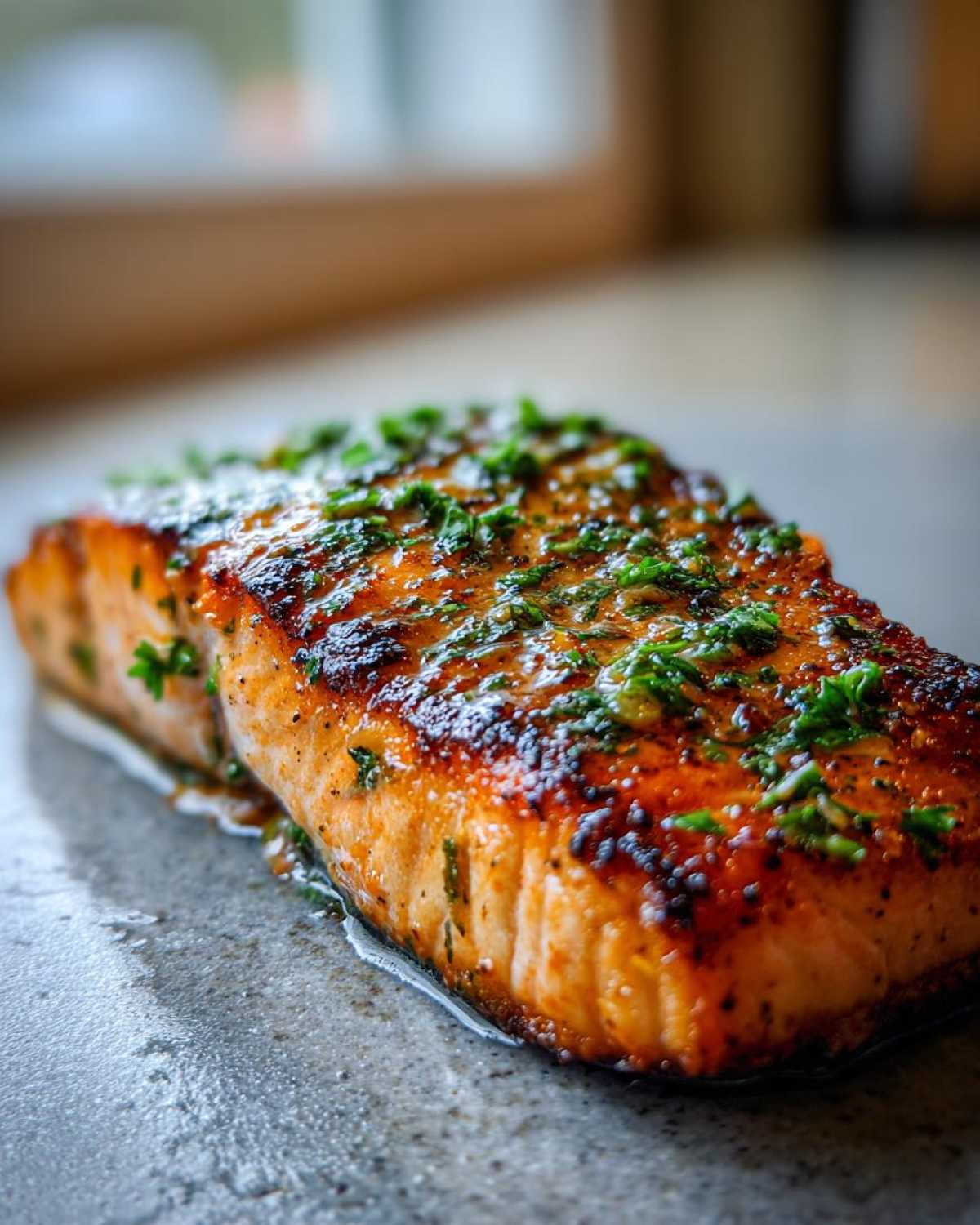 Close-up of a perfectly cooked, crispy air fryer salmon fillet topped with a glossy glaze and fresh chopped parsley.