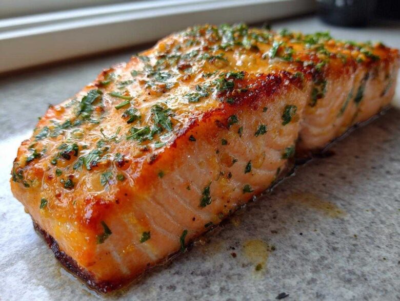 Close-up of a perfectly cooked, crispy air fryer salmon fillet topped with melted butter and fresh parsley.