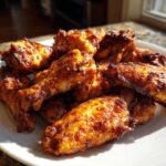 A pile of golden brown, perfectly crispy baked chicken wings glistening under sunlight on a white plate.