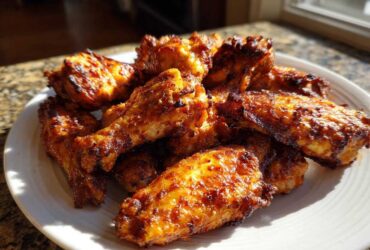 A pile of golden brown, perfectly crispy baked chicken wings glistening under sunlight on a white plate.