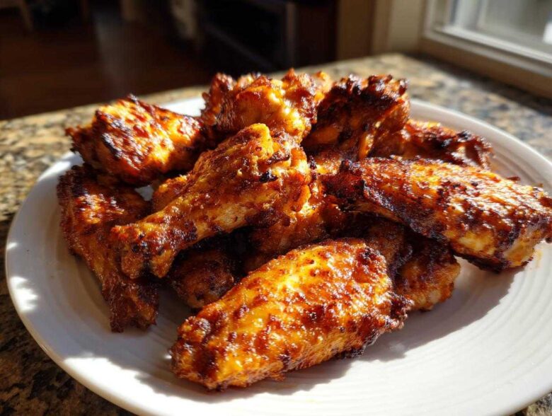 A pile of golden brown, perfectly crispy baked chicken wings glistening under sunlight on a white plate.