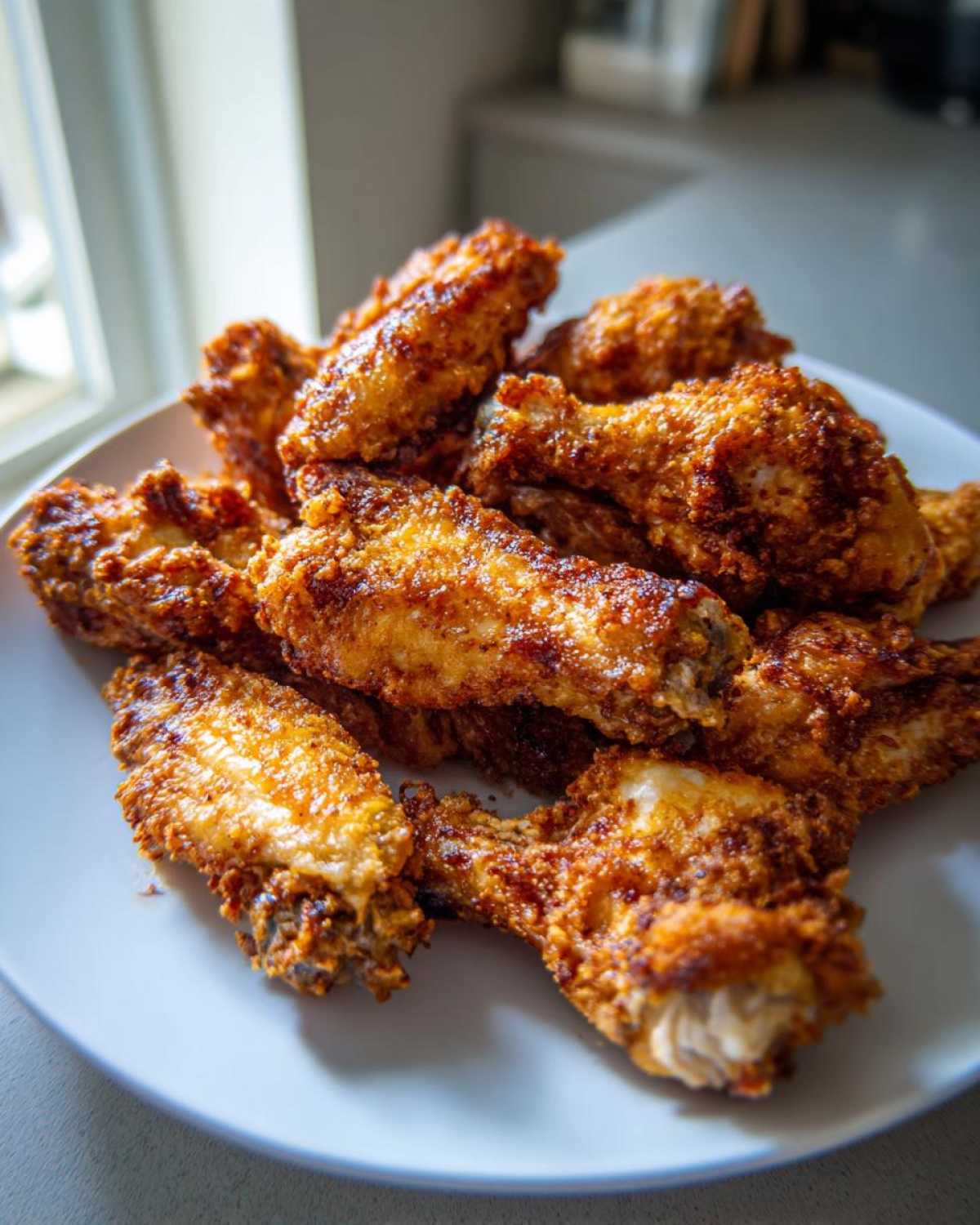 A pile of golden brown, extremely crispy baked chicken wings seasoned and ready to eat.