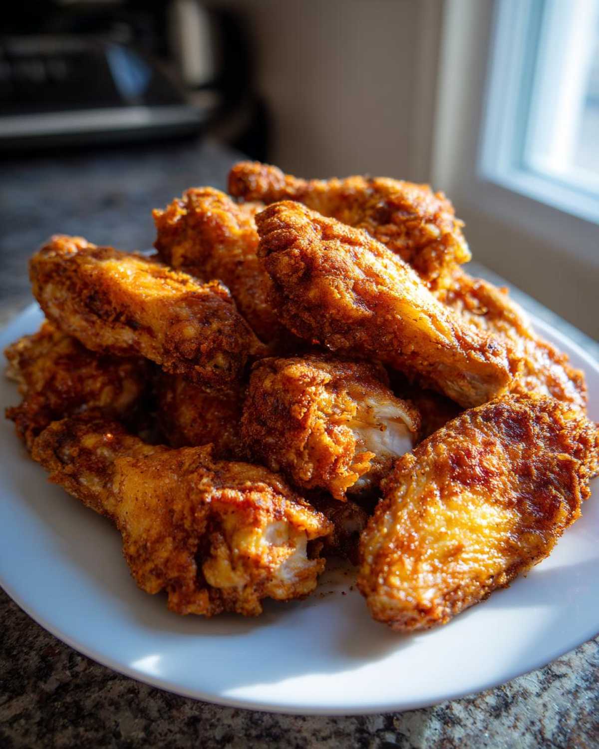 A pile of golden brown, seasoned crispy baked chicken wings stacked high on a white plate.