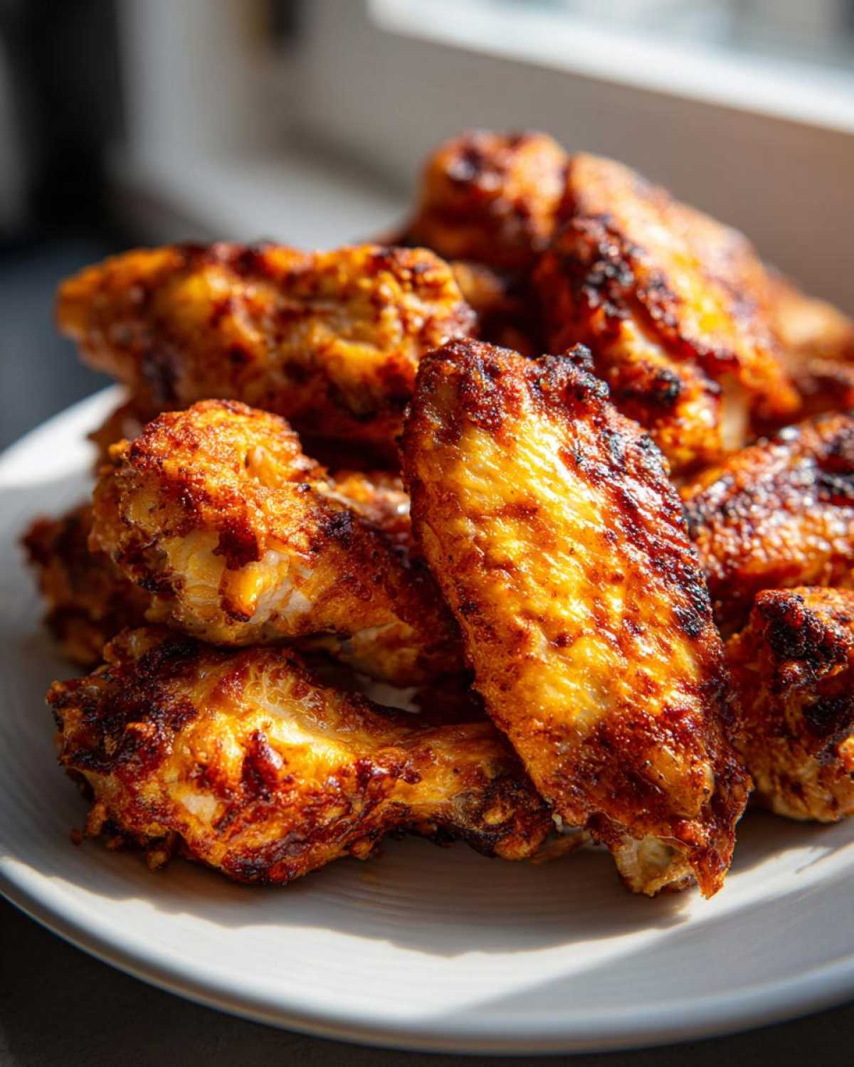 A close-up of a pile of golden brown, crispy baked chicken wings seasoned with spices.