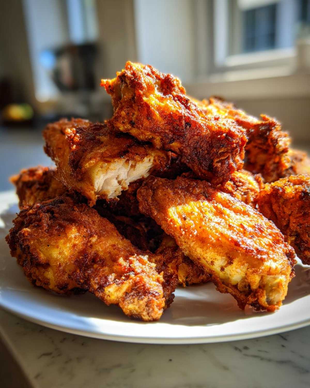 A pile of golden brown, crispy baked chicken wings showing a cross-section of juicy white meat.