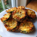 A pile of golden brown, crispy baked parmesan zucchini slices served on a white plate.
