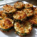 A close-up photo of golden brown, crispy baked parmesan zucchini slices piled on a white plate.