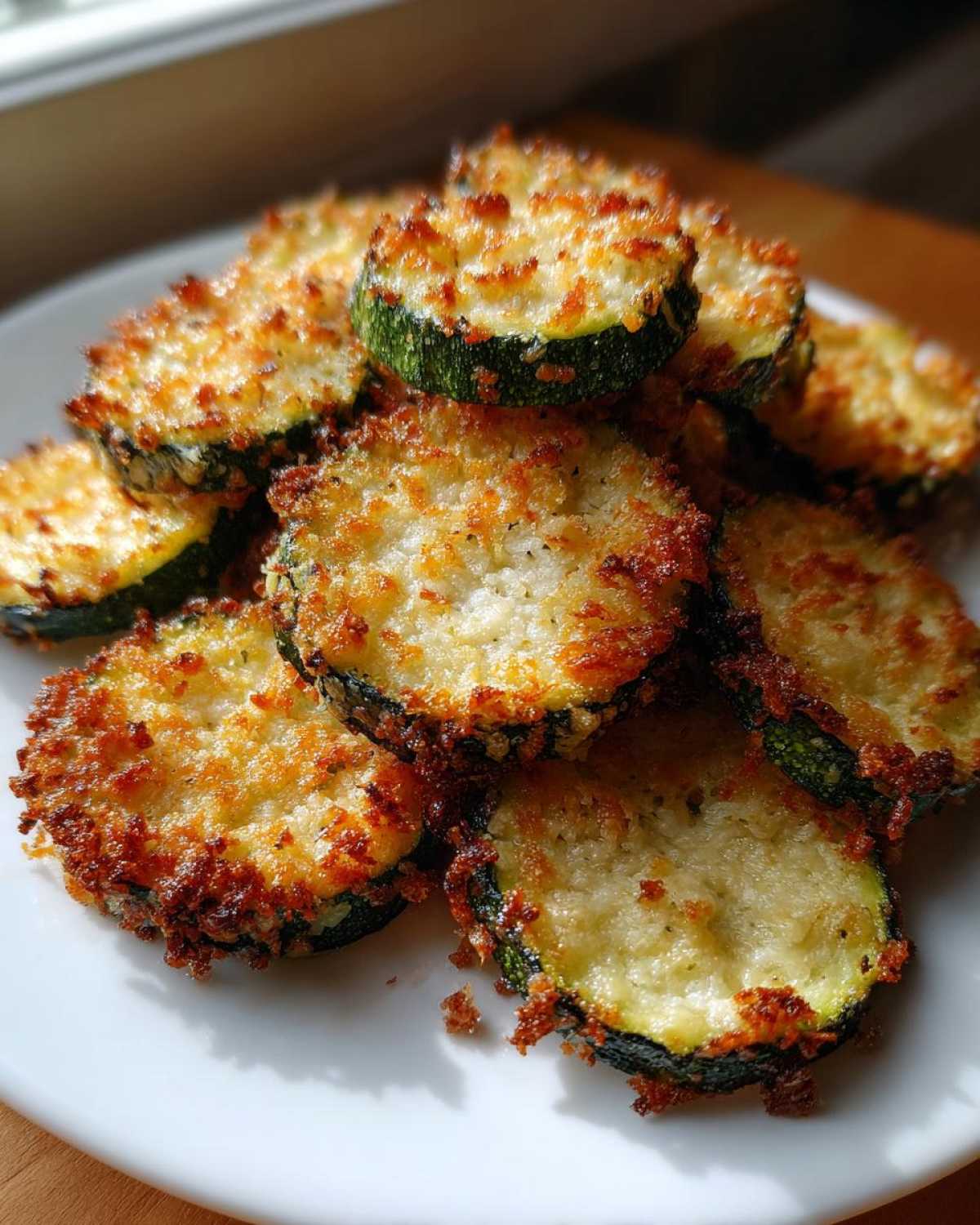 A pile of golden brown, crispy baked parmesan zucchini slices stacked on a white plate.