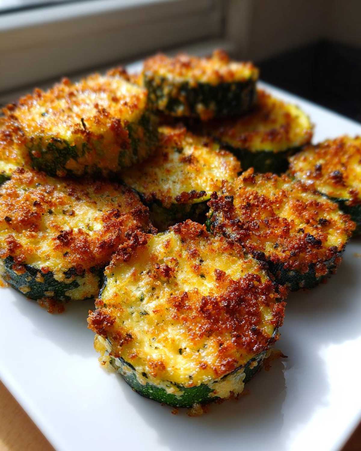 Close-up of several golden brown, crispy baked parmesan zucchini slices stacked on a white plate.
