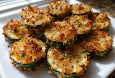A close-up photo of golden brown, crispy baked parmesan zucchini slices piled on a white plate.