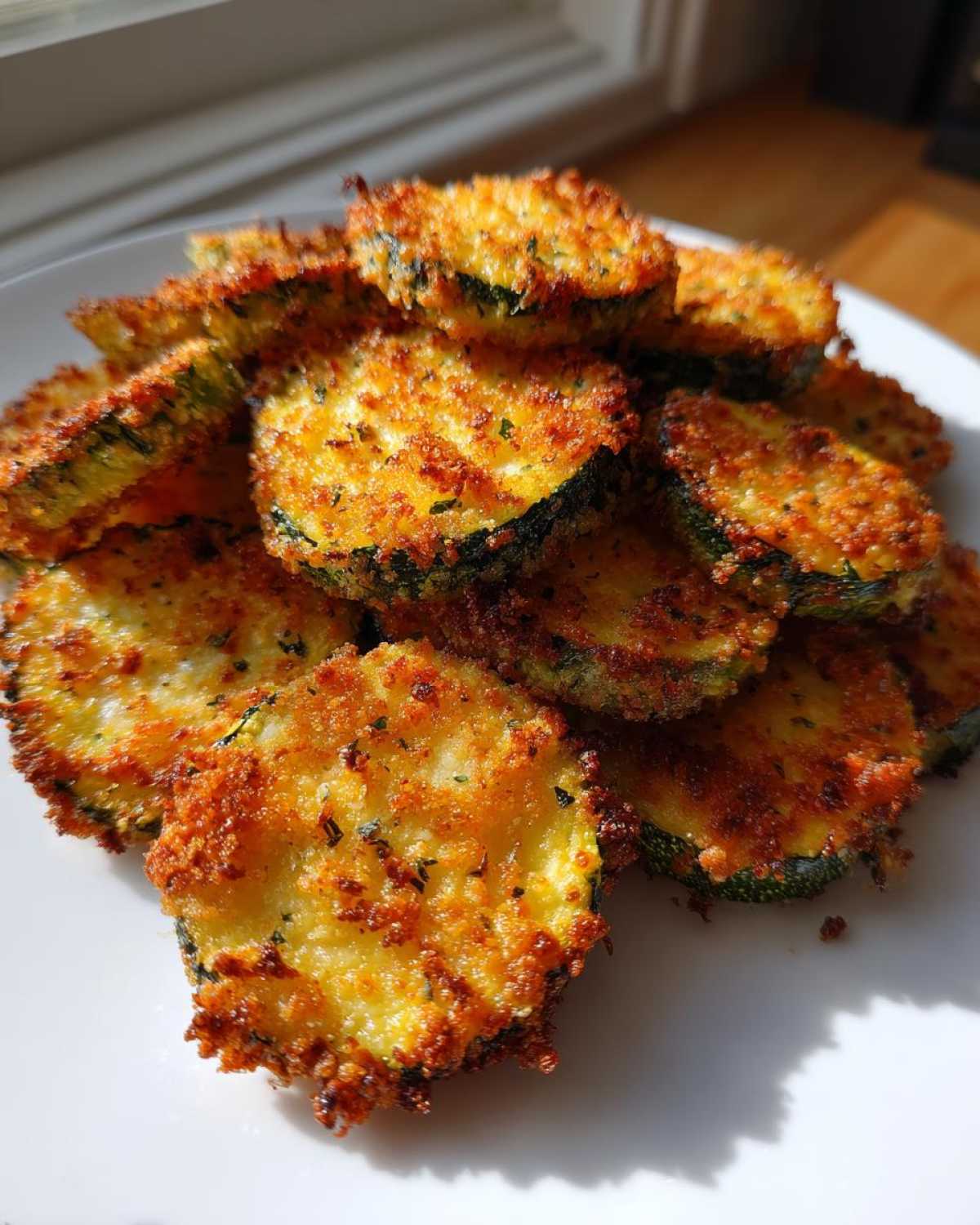 Close-up of golden brown, crispy baked parmesan zucchini slices piled on a white plate.