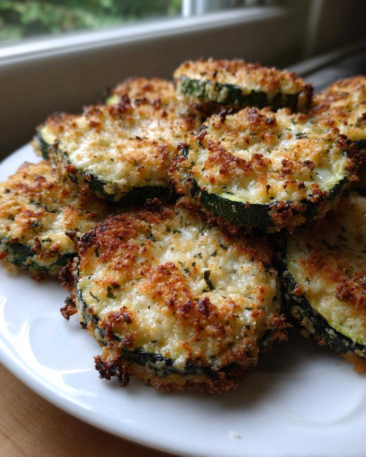 A pile of golden brown, crispy baked parmesan zucchini slices served on a white plate.