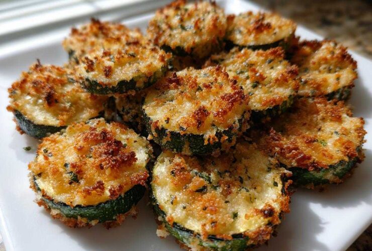A close-up photo of golden brown, crispy baked parmesan zucchini slices piled on a white plate.