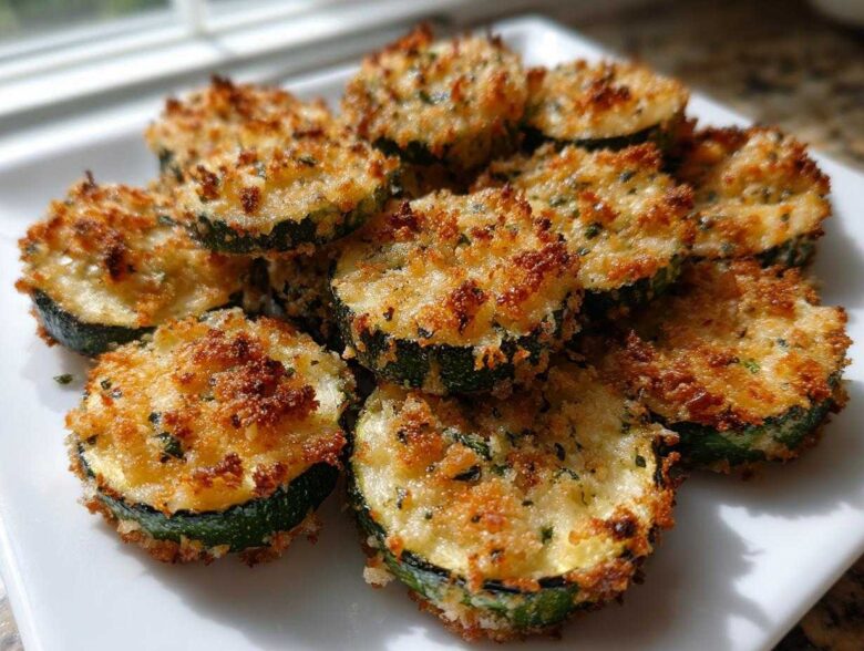 A close-up photo of golden brown, crispy baked parmesan zucchini slices piled on a white plate.
