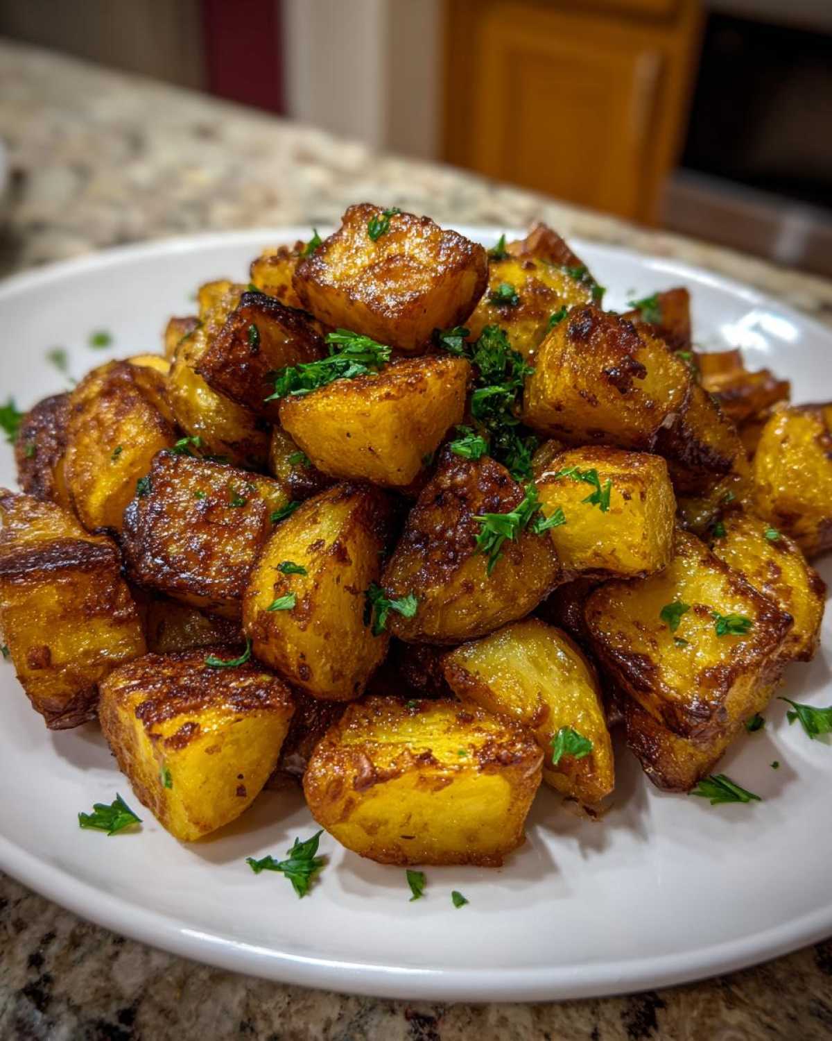 A mound of perfectly crispy, golden brown breakfast potatoes garnished with fresh chopped parsley on a white plate.