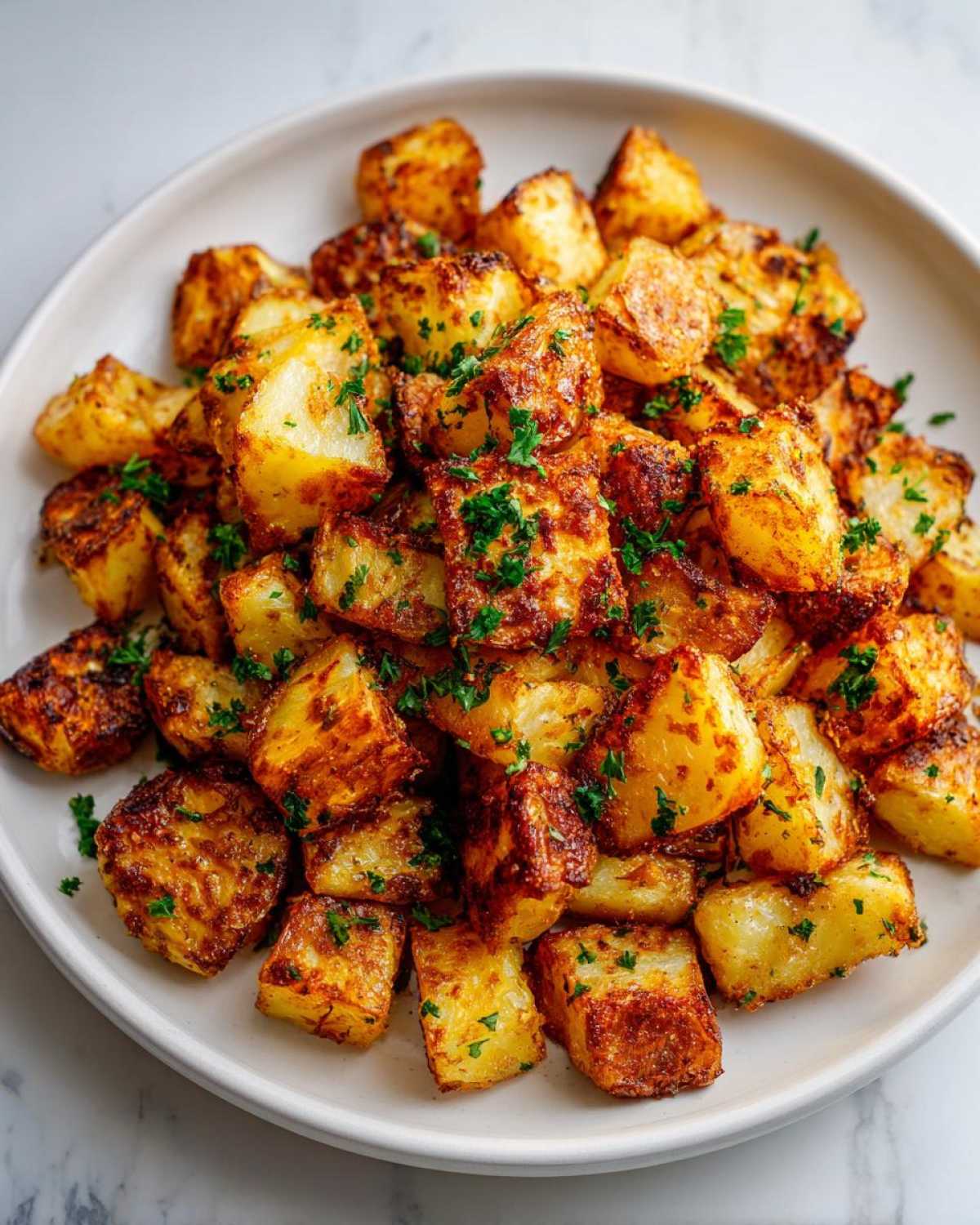 A close-up of perfectly crispy, golden brown breakfast potatoes seasoned and topped with fresh chopped parsley.