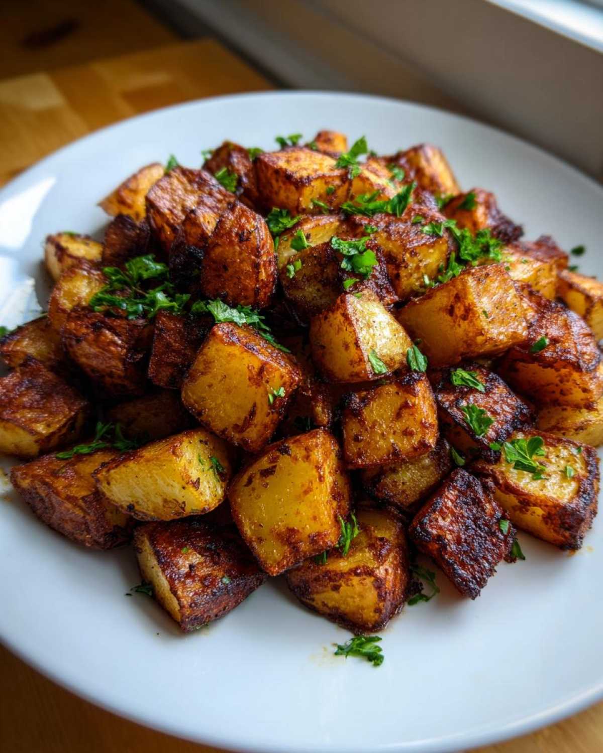 A close-up of perfectly crispy, golden-brown breakfast potatoes seasoned and garnished with fresh parsley.