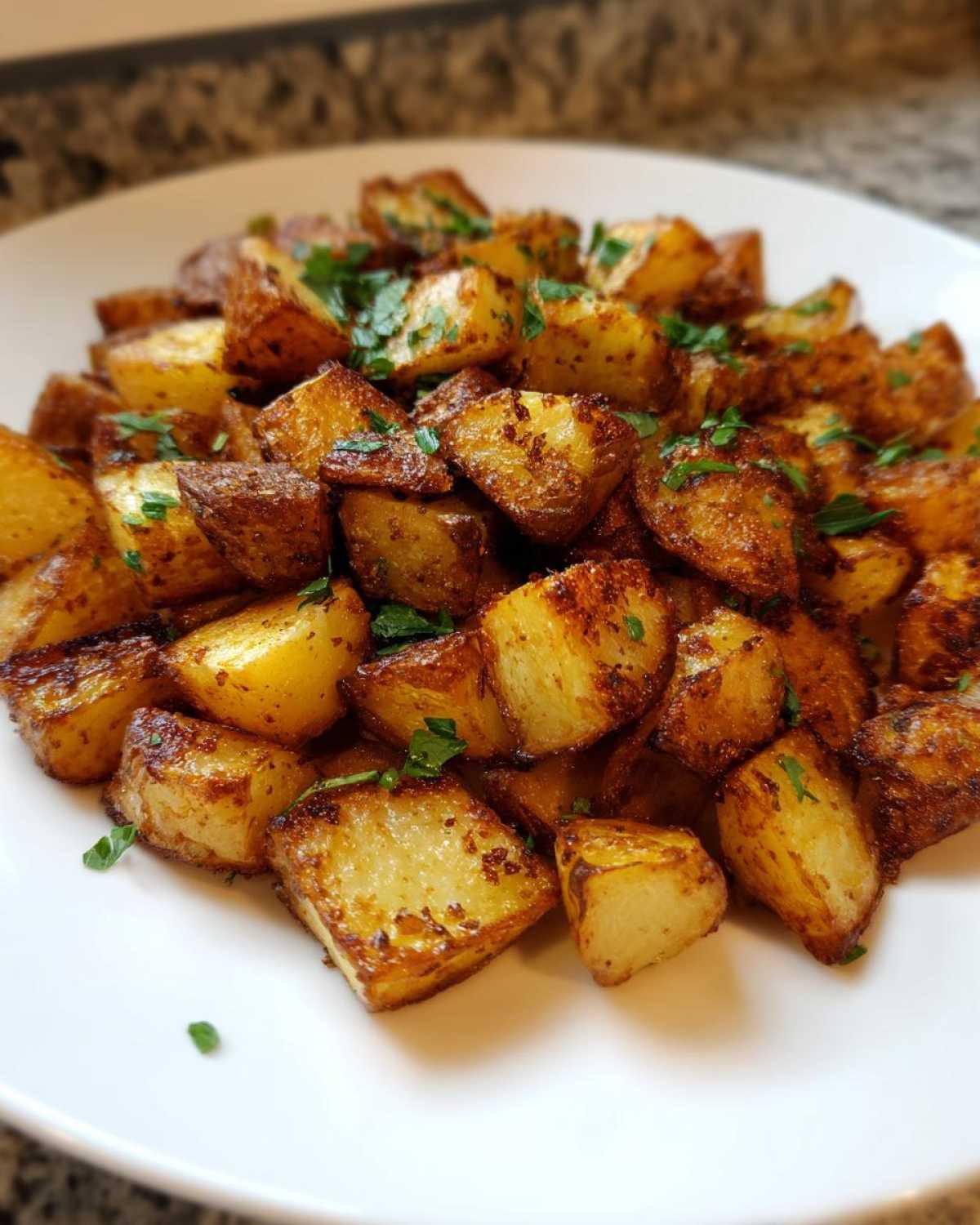A close-up shot of perfectly crispy, golden-brown breakfast potatoes seasoned and garnished with fresh parsley.