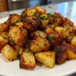 A close-up of perfectly crispy, golden-brown breakfast potatoes seasoned and garnished with parsley.