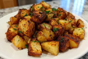 A close-up of perfectly crispy, golden-brown breakfast potatoes seasoned and garnished with parsley.