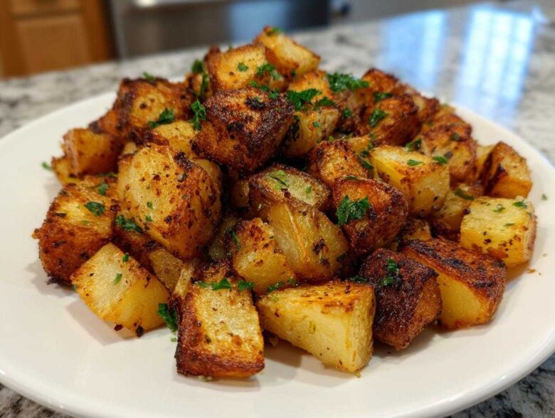 A close-up of perfectly crispy, golden-brown breakfast potatoes seasoned and garnished with parsley.