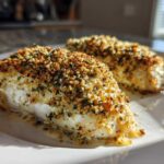 Two pieces of golden, herb-crusted caesar chicken served on a white plate, glistening under bright light.