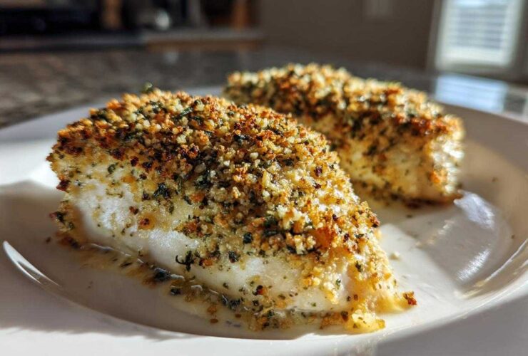 Two pieces of golden, herb-crusted caesar chicken served on a white plate, glistening under bright light.