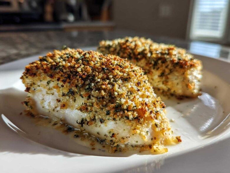 Two pieces of golden, herb-crusted caesar chicken served on a white plate, glistening under bright light.