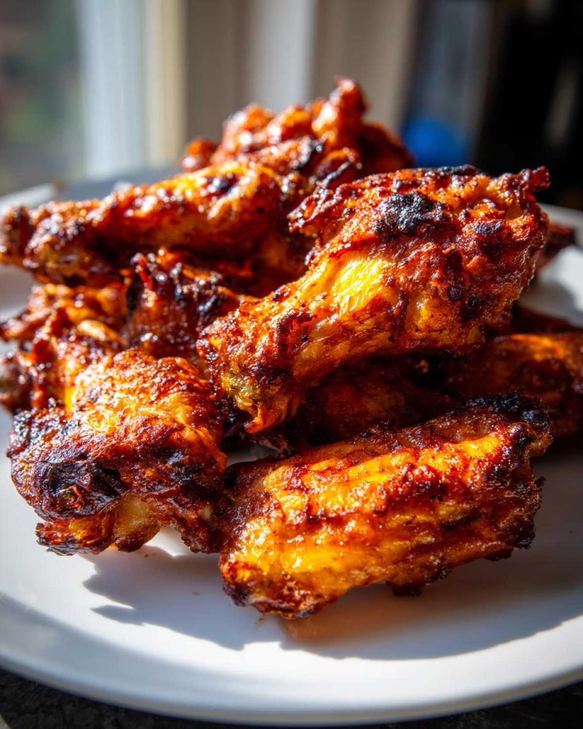 Close-up of perfectly crispy, golden-brown chicken wings piled on a white plate.