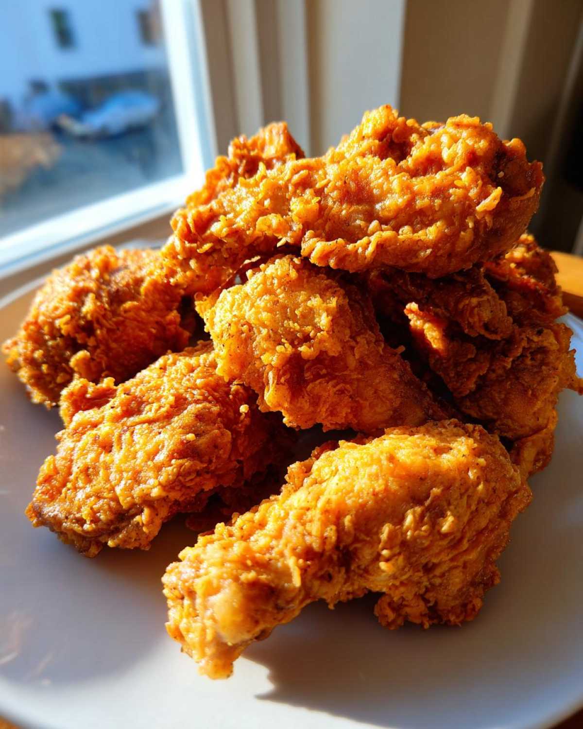 Close-up of a golden-brown pile of crispy fried chicken wings sitting on a white plate near a bright window.
