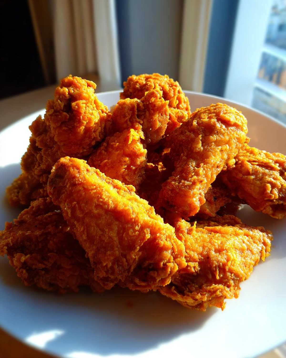 A close-up of a white plate piled high with golden brown, crispy fried chicken wings, highlighted by strong sunlight.