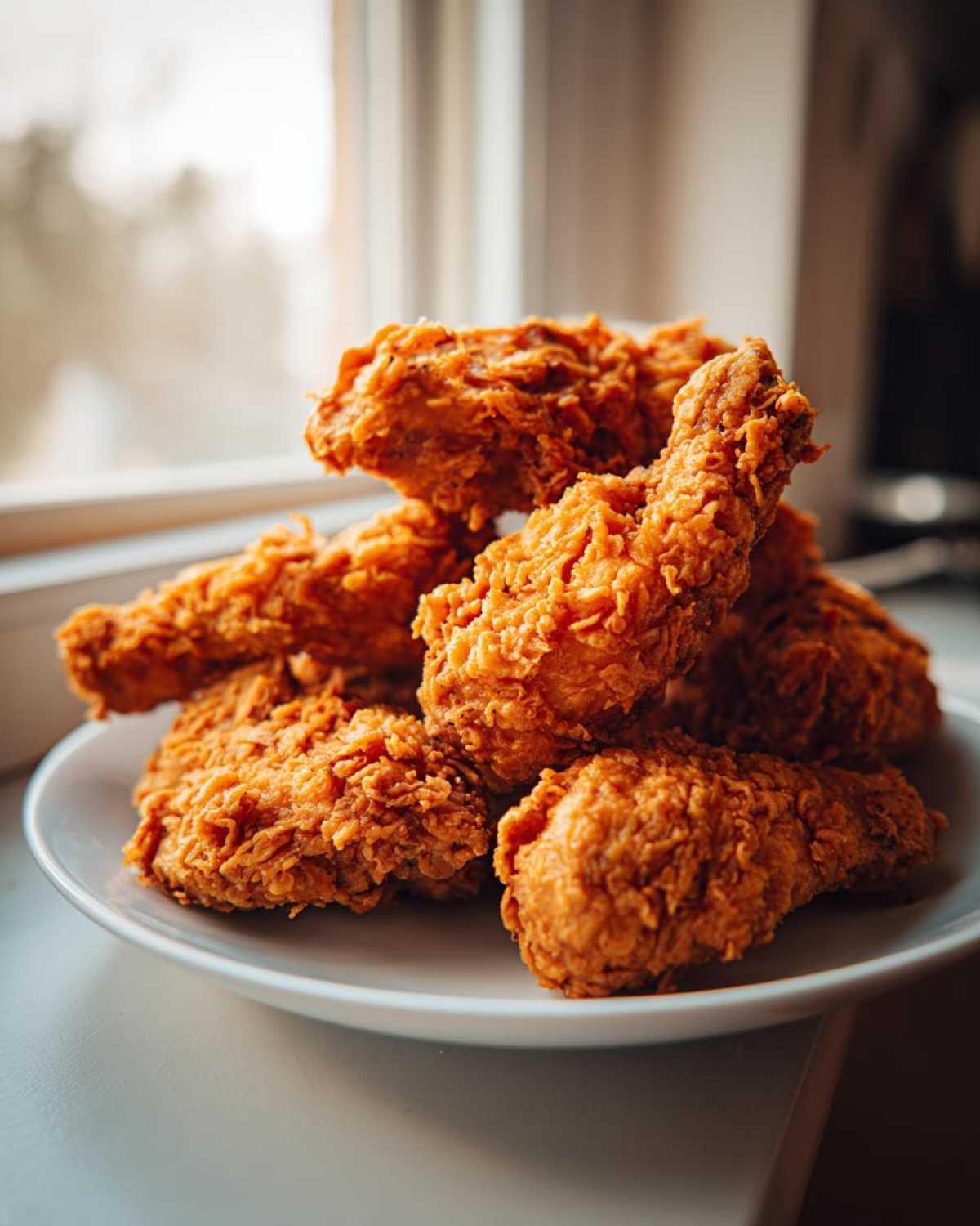 A close-up of a pile of perfectly golden and crispy fried chicken wings stacked high on a white plate.