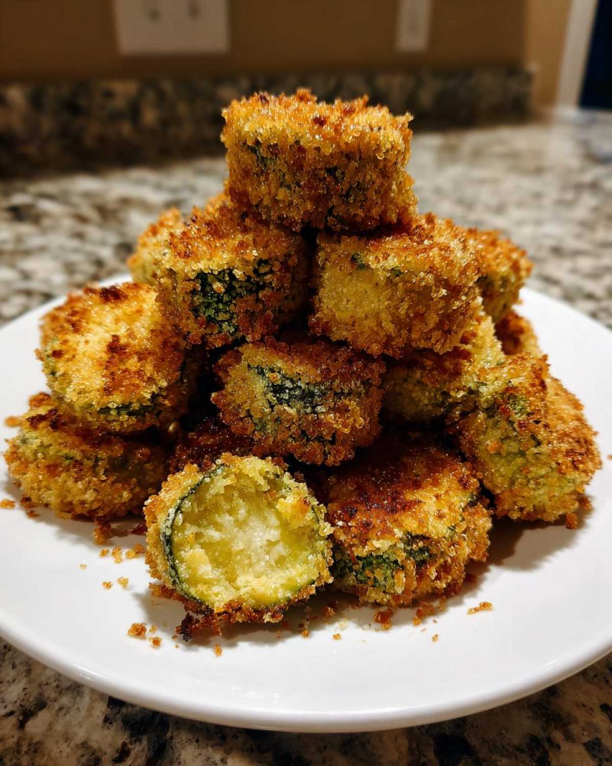 A tall stack of golden brown, crispy breaded fried pickles (zucchini slices) piled on a white plate.