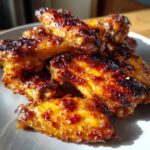 A close-up shot of several perfectly cooked, crispy, and glazed chicken wings piled on a white plate.
