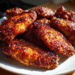 Close-up of several perfectly crispy, glazed chicken wings piled on a white plate.