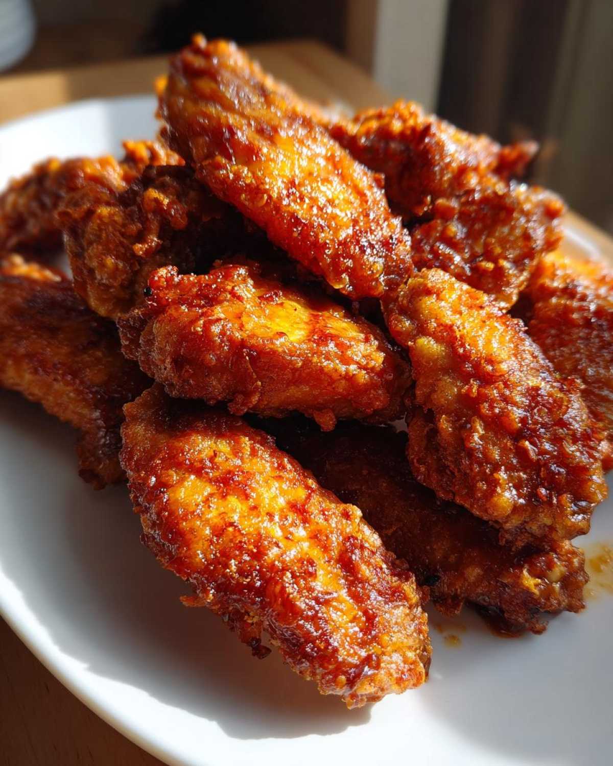 Close-up of a pile of incredibly crispy, glazed chicken wings coated in a rich, reddish-brown sauce.