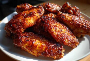 Close-up of several perfectly crispy, glazed chicken wings piled on a white plate.