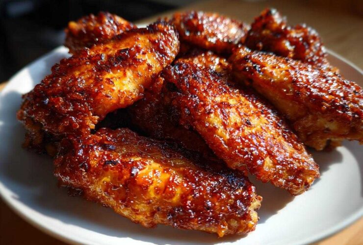 Close-up of several perfectly crispy, glazed chicken wings piled on a white plate.