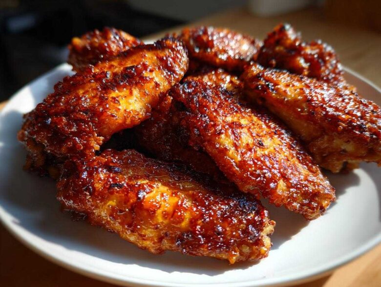 Close-up of several perfectly crispy, glazed chicken wings piled on a white plate.
