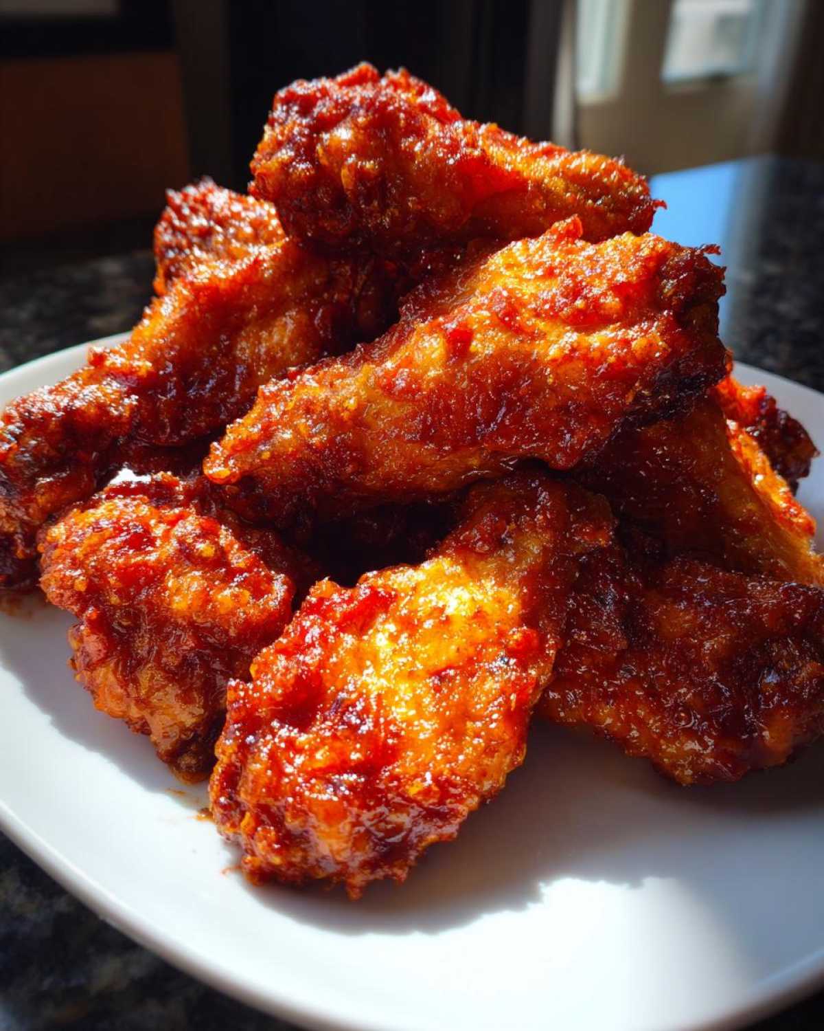 A pile of perfectly crispy, glazed chicken wings coated in a rich, reddish-orange sauce, sitting on a white plate.