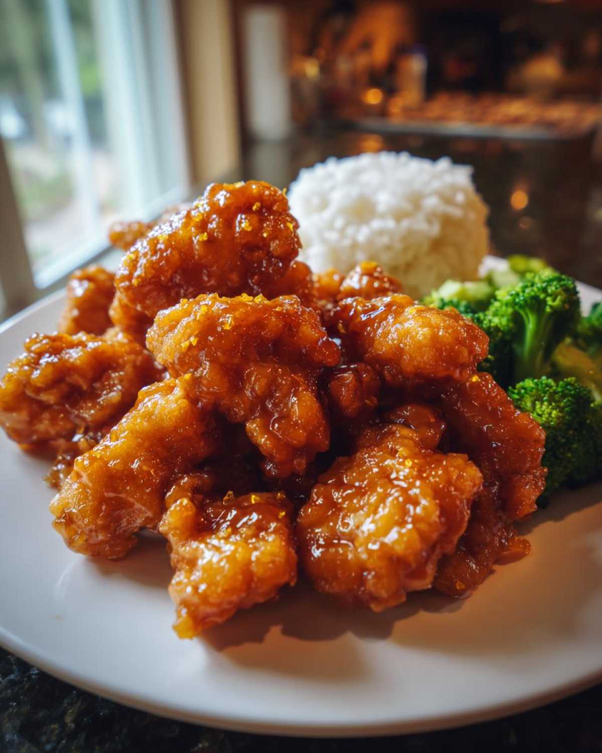 Close-up of crispy orange chicken recipe pieces coated in glossy sauce, served with white rice and steamed broccoli.