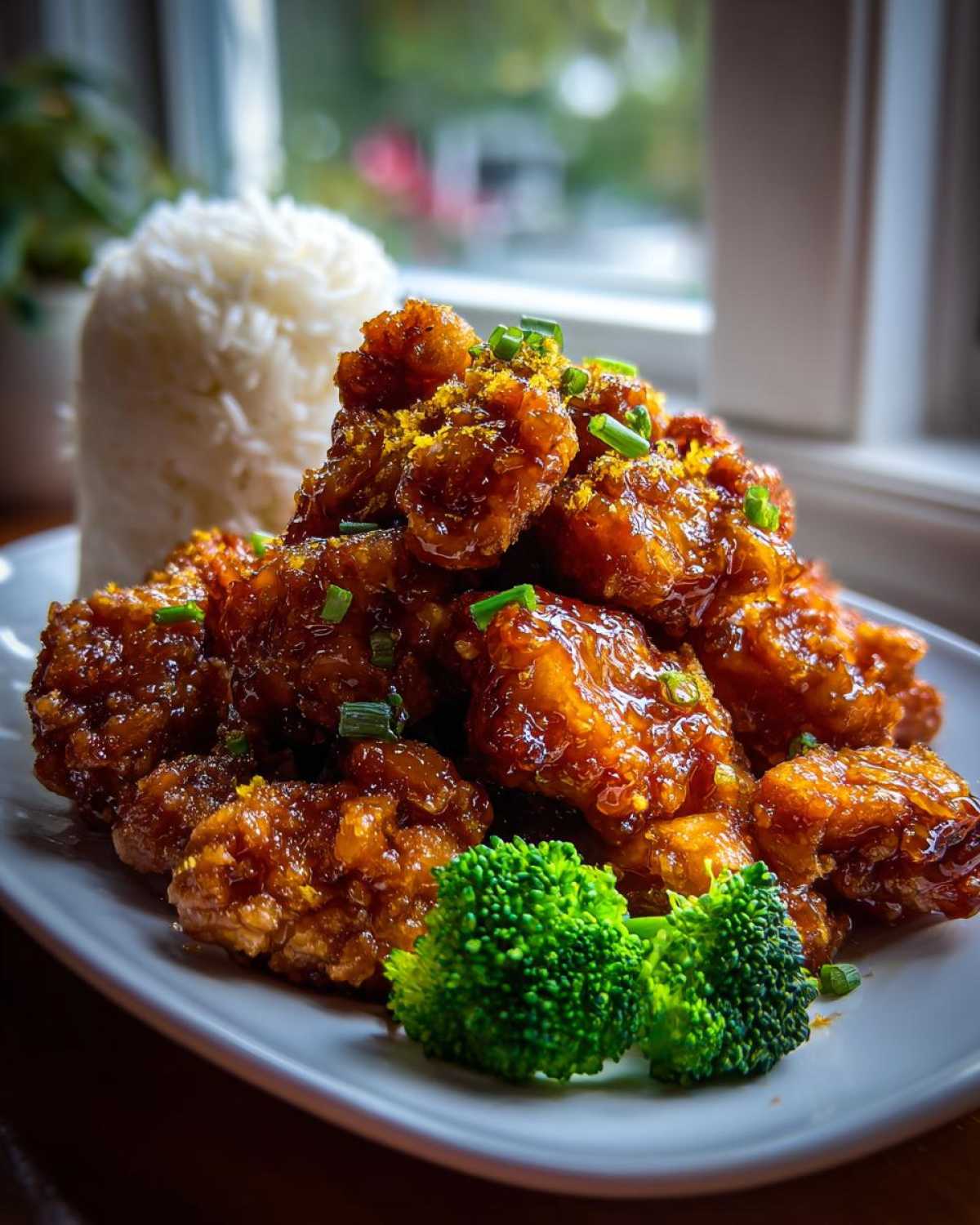 A plate of crispy orange chicken recipe pieces coated in a glossy sauce, served with steamed rice and broccoli florets.