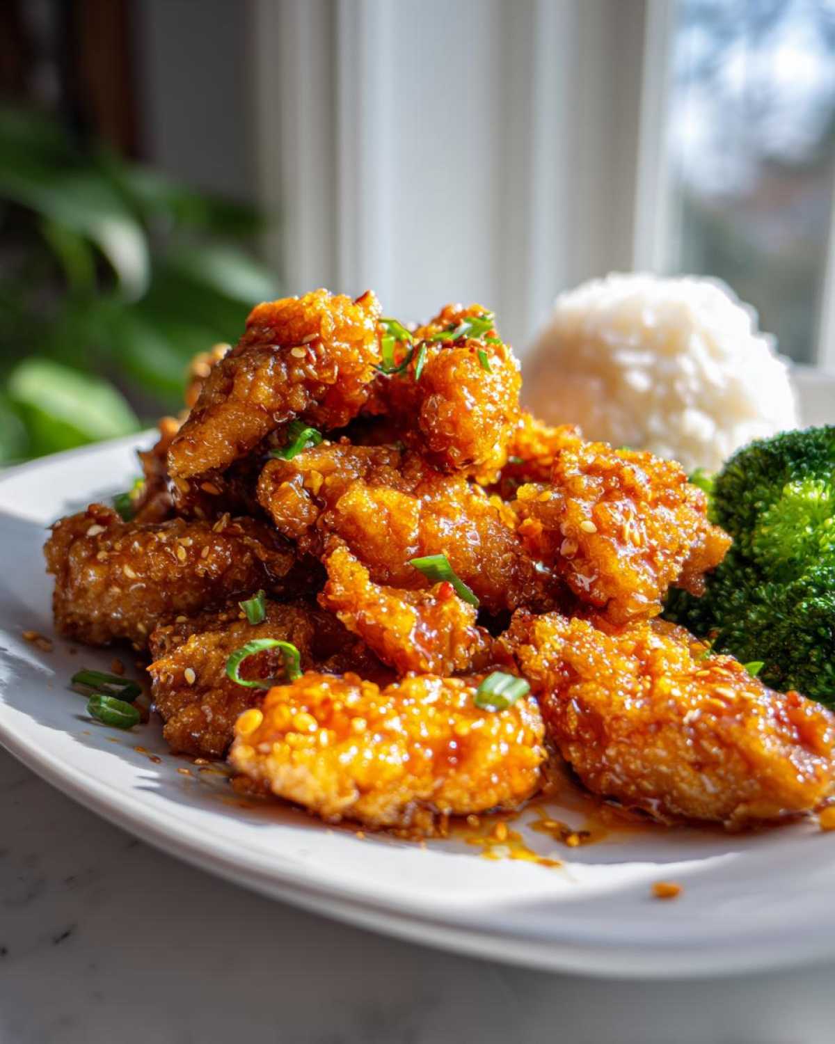 Close-up of crispy orange chicken pieces coated in glaze, served with white rice and steamed broccoli.
