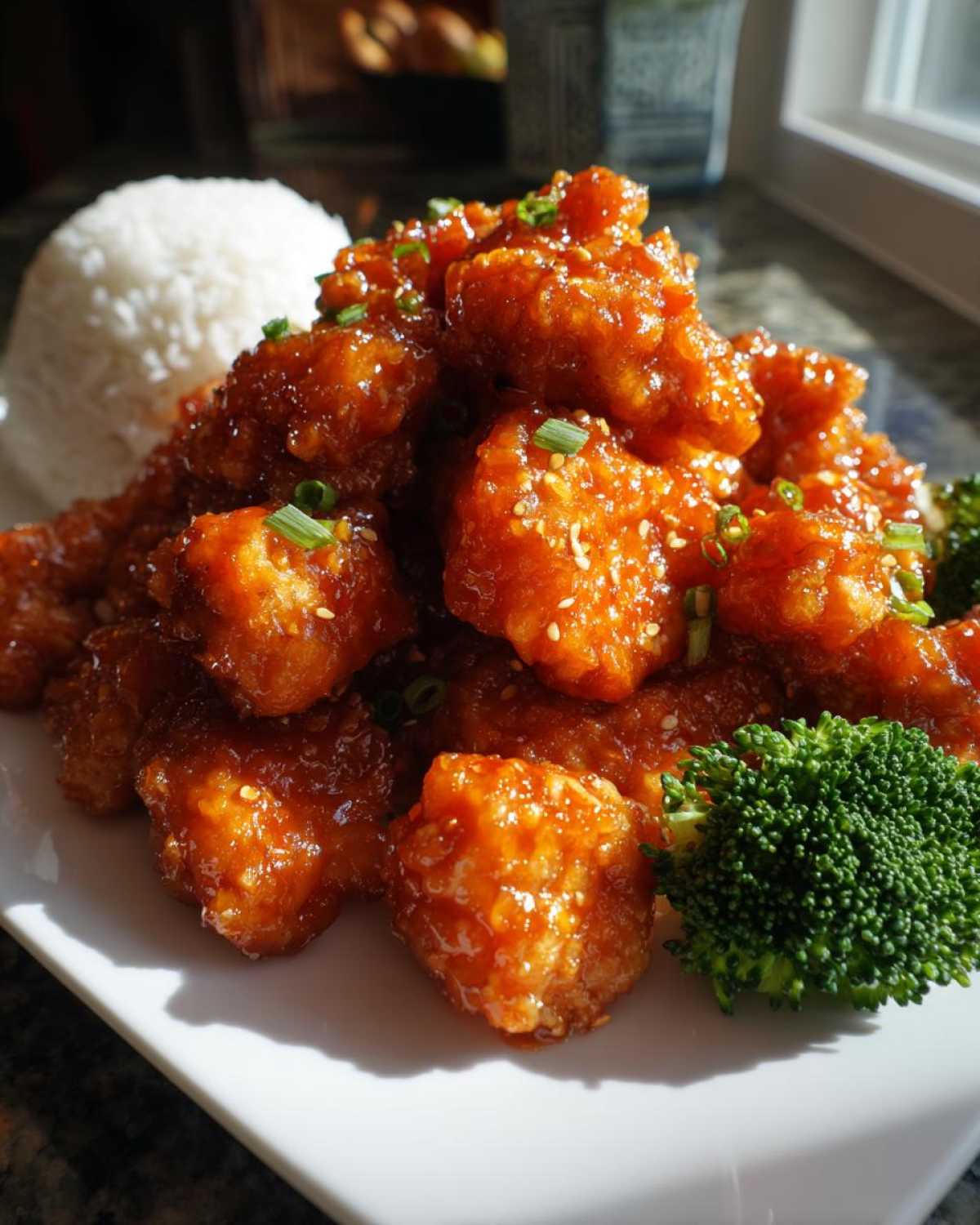 A plate of crispy orange chicken recipe pieces coated in sticky sauce, served with white rice and steamed broccoli florets.